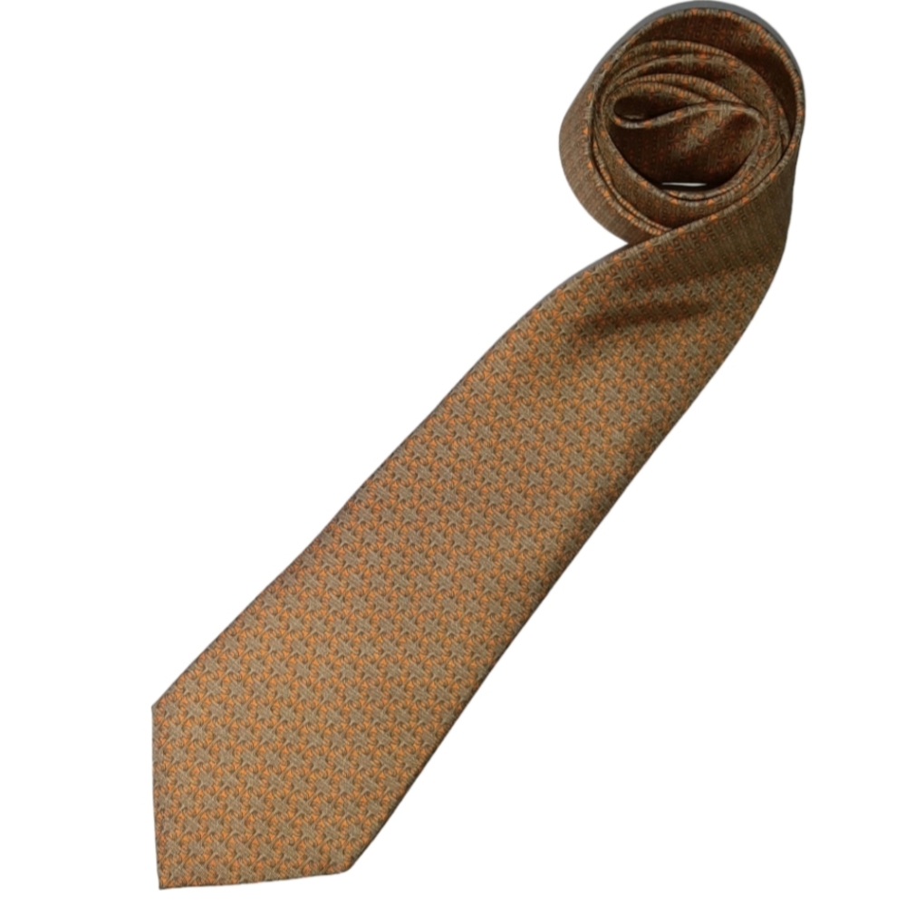 HERMÈS Silk Twill Necktie #5557 MA Interlocking Buckles Print Taupe/Orange
